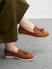 CUCCOO BIZCHIC 棕色流苏花卉一脚蹬平底鞋，优雅休闲简约舒适一脚蹬鞋，百搭办公室/正式场合穿着，适合女性