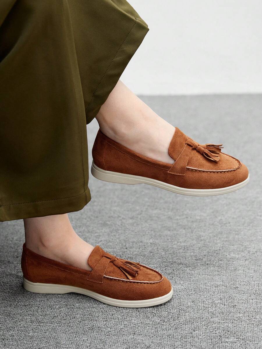 CUCCOO BIZCHIC 棕色流苏花卉一脚蹬平底鞋，优雅休闲简约舒适一脚蹬鞋，百搭办公室/正式场合穿着，适合女性