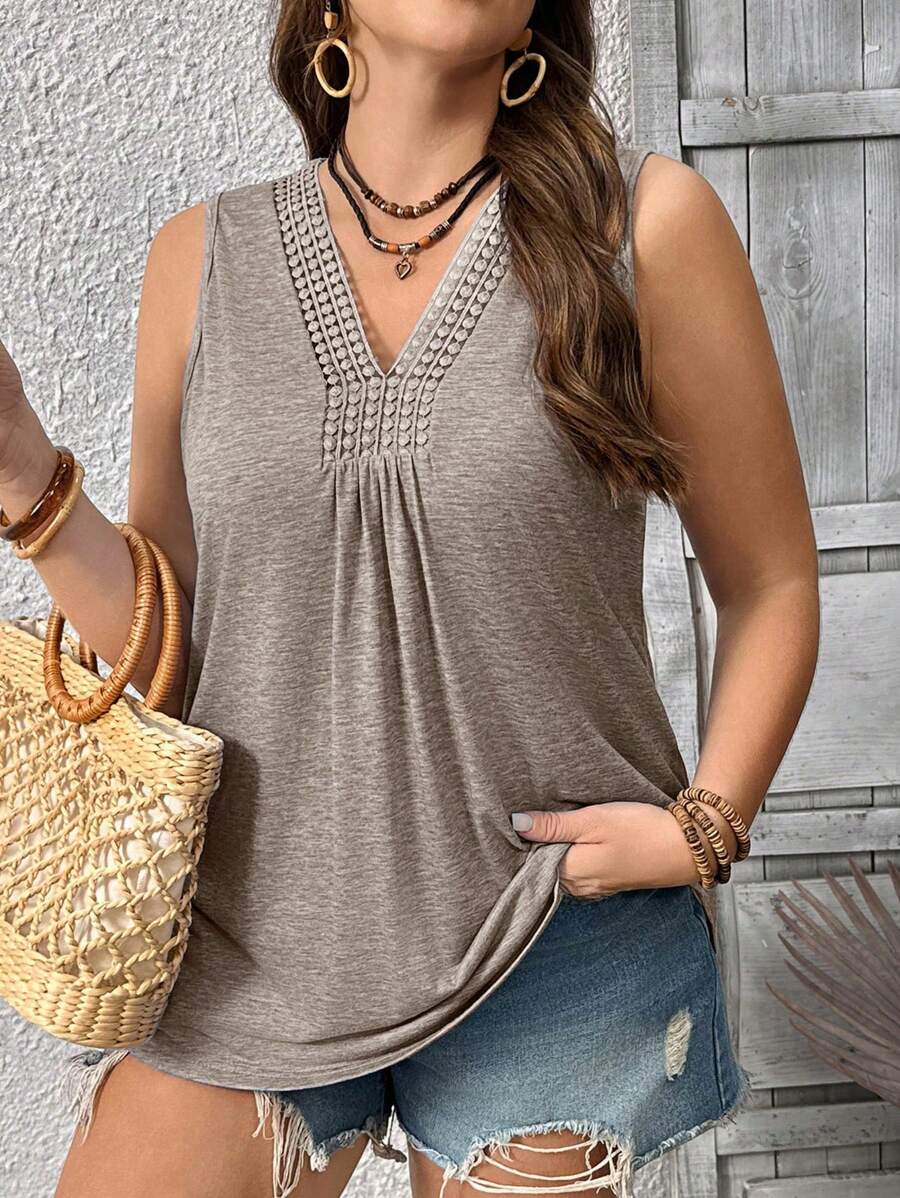 EMERY ROSE Plus Size Women Solid Color Casual V-Neck Lace Patchwork Sleeveless Knit Tank Top - Camel - View 1