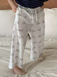 DAZY Young Boy's Casual Summer Cat Print Drawstring Waist Pajama Pants - White - View 3