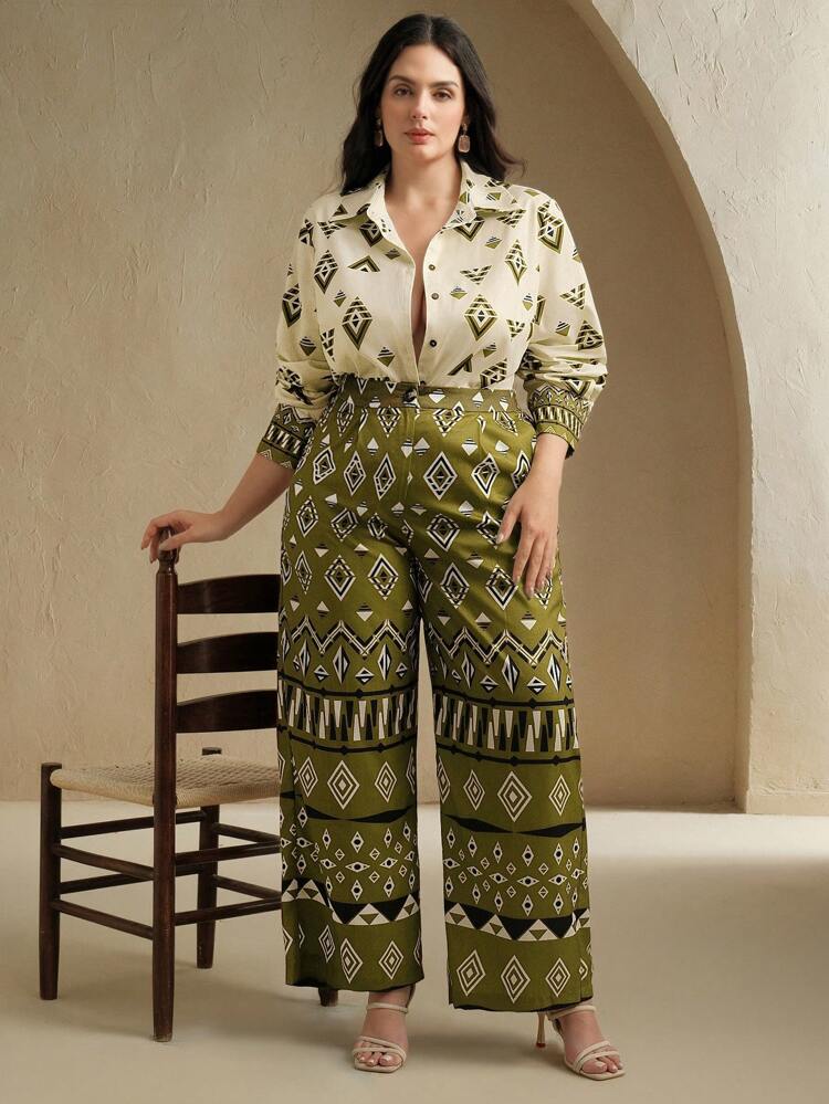 Conjunto de dos piezas con estampado de textura bohemio y de moda para mujer de talla grande, para primavera/verano