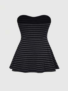 ROMWE Goth Spring|Summer Carnival Party Casual Black Plus Size Y2K Retro Striped Fitted Cropped Camisole Tops, Suitable For Music Festivals - Dark Grey - View 2