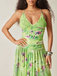 Vixey Maxi-Kleid mit Blumenprint, Mesh, Raffung und offenem Rücken