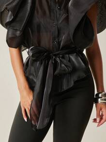 Vixey Puff Sleeve Button Up Sheer Top With Belt, Business Casual, Boho, Spring, Cute Summer Tops - Black - View 5