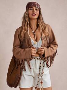 Freevana Plus Fringe Trim Open Front Suedette Jacket, For Winter Fall Autumn - Camel - View 3