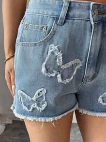 Elenzga Damen Mode Ripped Denim Shorts mit Schmetterling Stickerei - Helle Waschung - Übersicht 1