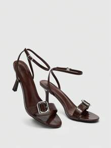 CUCCOO BIZCHIC Brown Oil Leather PU Metal Buckle Strap Punk Round Toe Fashion High Heel Sandals - Brown - View 8