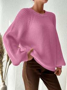 EURMUSE Plus Size Raglan Long Sleeve Crewneck Sweater - Pink - View 3