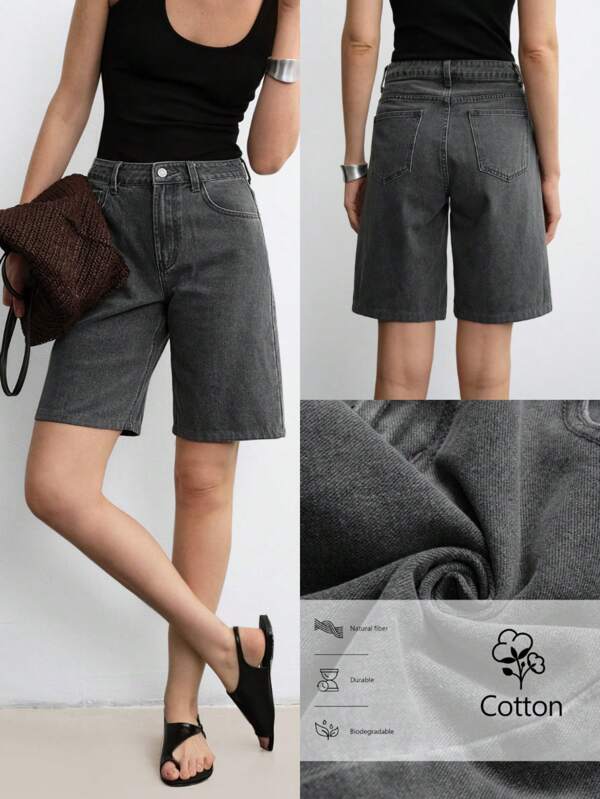 Aalyst Solid Pocket Summer Casual Fitted Denim 3/4 Shorts