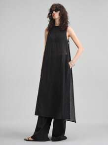 Ontre 2025 新款透视无袖圆领半透视侧扣长款衬衫，时尚女士日常商务休闲装，夏秋季 - 黑色 - 查看 4