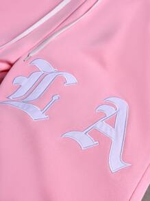 PAVTROS Manfinity Streetrush 男士街头学院风 INS 高街嘻哈摇滚刺绣贴片设计运动裤，粉色针织微喇叭裤型，饰有十字架和“LA”字母图案。配有弹性腰带和抽绳设计。 - 粉色 - 查看 2