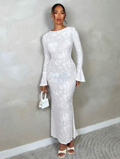 SHEIN BAE Vestido elegante de mujer de manga larga, estilo de campana, básico y versátil, de terciopelo jacquard con estampado de red y cola de pez larga, apto para ocasiones formales y vuelta al colegio