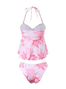 Swim Mod 2pcs/Set Summer New Design Floral Print Bowknot Strap Tankini Top And Bikini Bottom Swimsuit Set - Multicolor - View 5