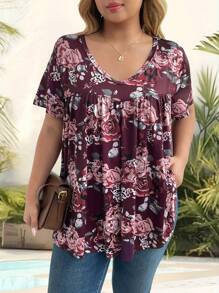 EMERY ROSE Plus Size Summer New Casual Versatile T-Shirt, Loose V-Neck Flattering Knit Top For Women - Multicolor - View 4