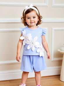 2025 Summer New Baby Girls Cute Solar System Flower Decor Sleeveless Top + Solid Color Shorts 2pcs Set - Baby Blue - View 1