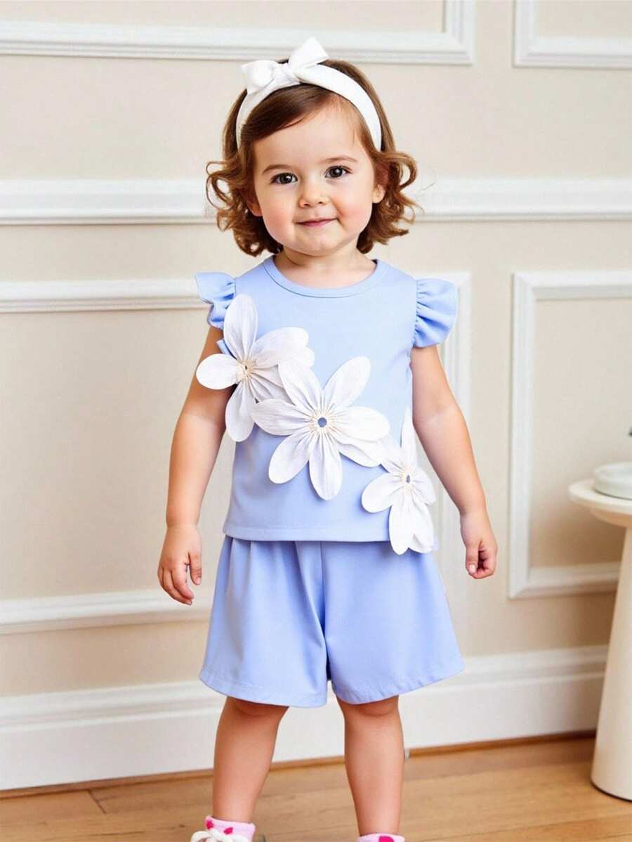2025 Summer New Baby Girls Cute Solar System Flower Decor Sleeveless Top + Solid Color Shorts 2pcs Set - Baby Blue - View 1