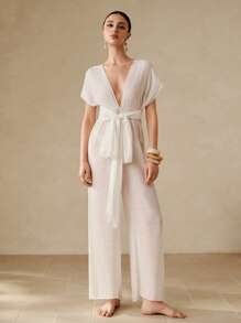 Swim Chiccia 女士百搭长款休闲罩衫，适合夏季度假 - 白色 - 查看 3