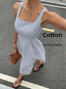 Siren Gaze Women Striped Print Square Neck Sleeveless Mid-Calf Summer Dress Vacation Casual Blue Holiday Resort - Navy Blue - View 9