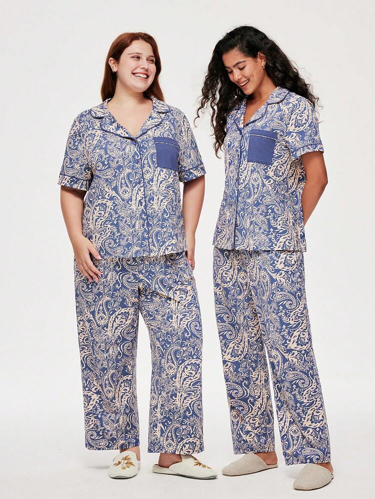Cotton Patterned Short-Sleeve Button-Up Top & Pants Loungewear Pajama Set