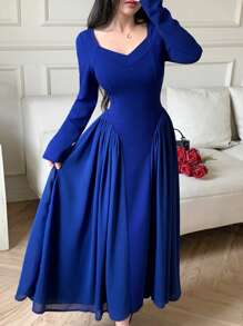 Feyla 优雅纯色 A 字形钻石 V 领长袖女式连衣裙 - 藍色 - 查看 2