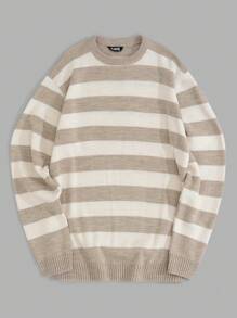 RueChic Men Striped Knit Crew Neck Drop Shoulder Colorblock Sweater - Beige - View 2