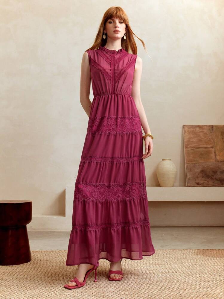 Arave Women's Elegant Red Violet Chiffon Maxi Dress With Lace Detail And Ruffle Hem New Autumn Women's Teacher Back-To-School Dress - High-End French Style - Red Violet - View 5