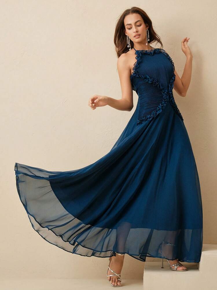 Elegant Blue Waist Ruched Ruffled Backless High Neck Formal Dress