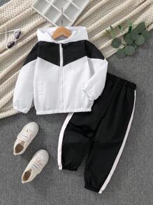 SHEIN Young Girl Colorblock Zip Up Hooded Jacket & Pants Girls Tracksuit Set