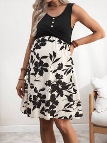 SHEIN 孕妇针织连衣裙，圆领上衣，前腰交叉纽扣设计，下装为数码印花梭织连衣裙 - 黑色 - 查看 5