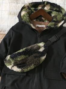 2pcs/Set Young Boys' Casual Cute Daily Warm Black Hoodie Jacket & Camouflage Fuzzy Crossbody Bag, Suitable For School, Hangouts, Fall/Winter