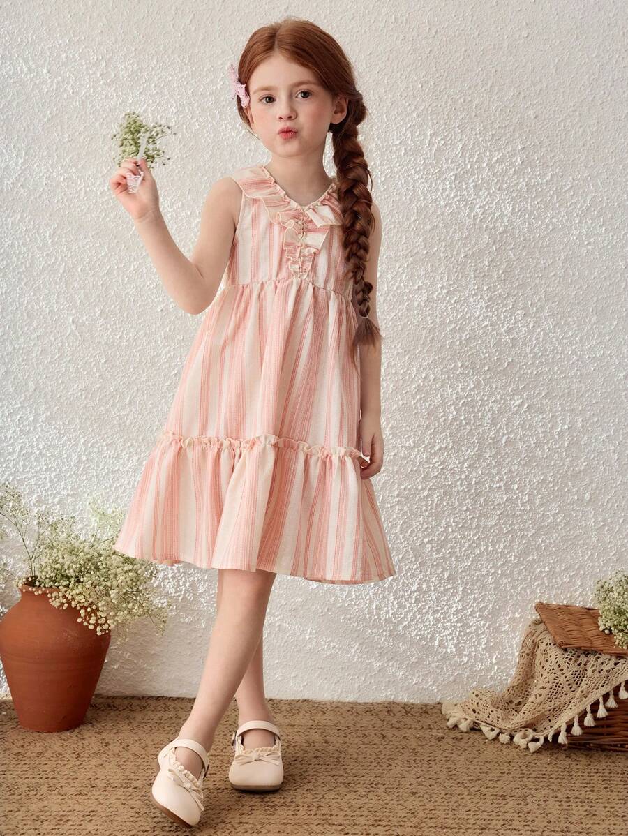 Blossori Đầm không tay cổ bèo nhún sọc hồng phong cách đồng quê cho bé gái - Nhiều màu - Xem 1