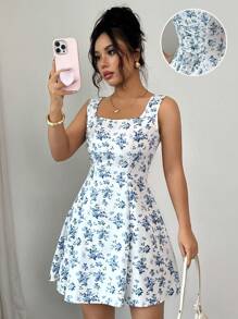 Breezaya 女式无袖方领系带腰部 A 字形碎花迷你连衣裙 - 藍色 - 查看 2