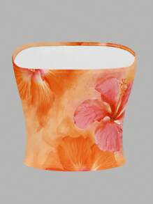 INAWLY Y2K Color Hibiscus Flowers Graphic Tube Top - Multicolor - View 2