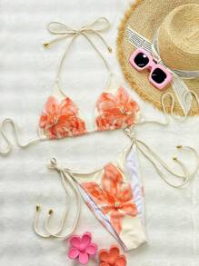 Swim SXY Women's Multi-Color Special Fabric Floral Print Sexy Tie Front Halter Top And Bikini Bottom 2-Piece Swimsuits, Beach Summer Outfits