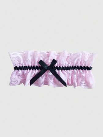 Kawaii 1 pieza Liguero negro sexy con lazo, liguero elástico de encaje rosa lindo, accesorio versátil para la pierna