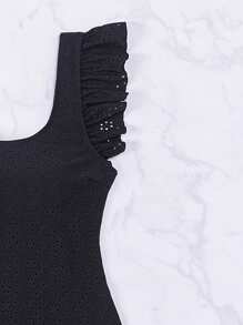 Swim Mod 1pc Women's Solid Color Round Neck Ruffled Back One-Piece Swimsuit For Summer Beach Vacation - Black - View 5