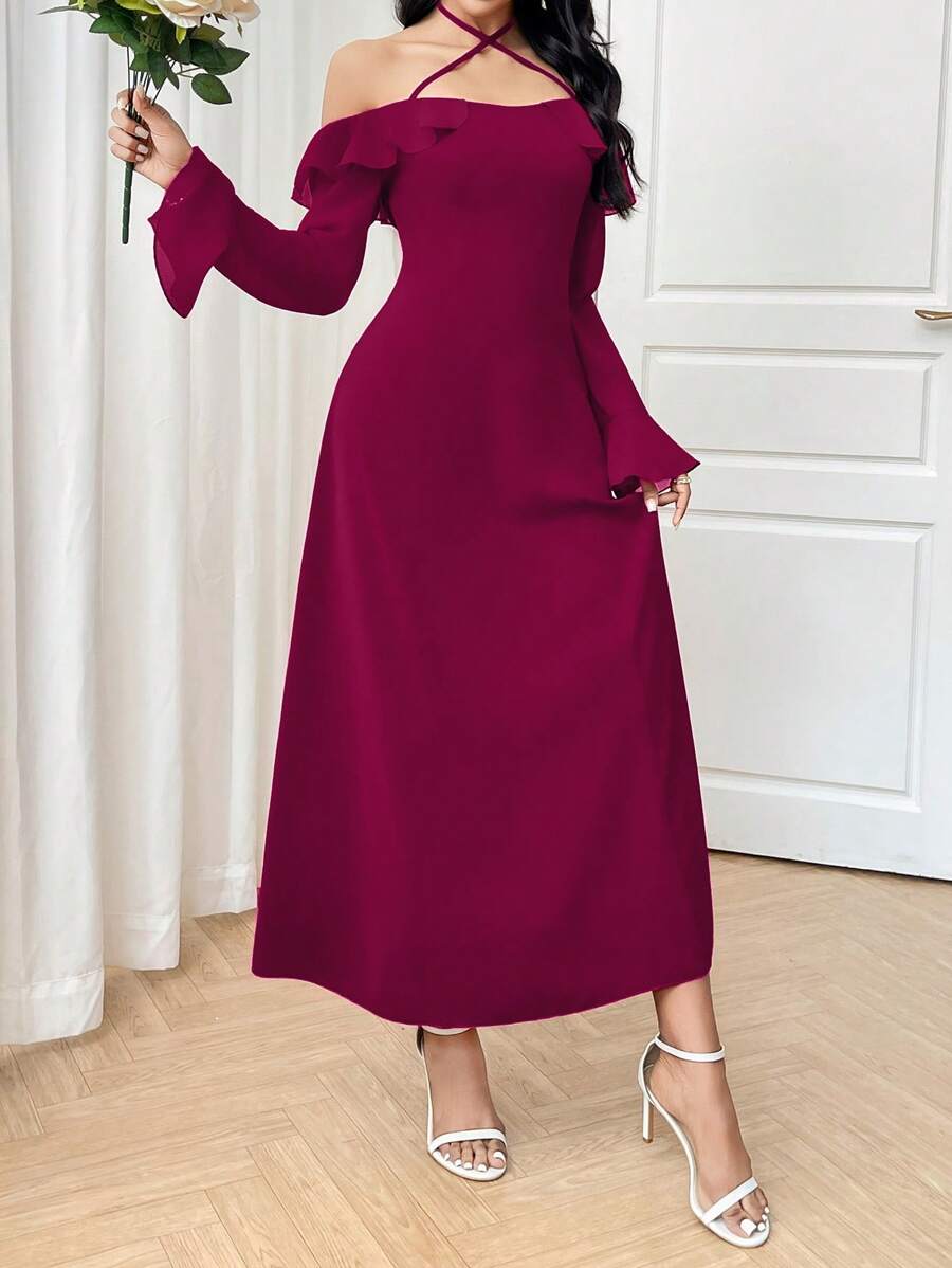 Modelyn 女士露肩系带派对及婚礼修身优雅连衣裙 - 玫紅色 - 查看 1