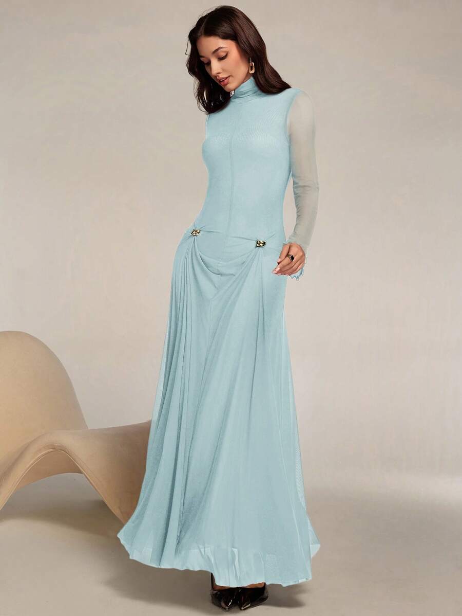 Modelyn 女士优雅高领褶皱长袖透视连衣裙 - 藍色 - 查看 1