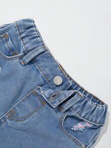 SHEIN سروال نسائي جينز فضفاض طويل الساق مرتفع الخصر مع تمزق هام الأرجل - أزرق متوسط - مشاهدة 5