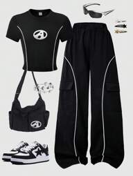 SHEIN 2pcs/Set Tween Girls Casual Patchwork Design Graphic Tee & Cargo Pants Suit, Suitable For Daily, Commute, Leisure, Vacation, Gathering With Friends, Street Style
