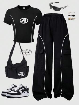 SHEIN Streecool Kids 2pcs/Set Tween Girls Casual Patchwork Design Graphic Tee & Cargo Pants Suit, Suitable For Daily, Commute, Leisure, Vacation, Gathering With Friends, Street Style