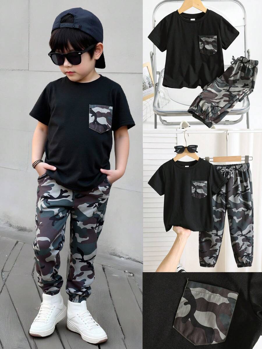 2 件休闲迷彩图案撞色口袋短袖 T 恤和裤子套装，适合男孩春秋季通勤、上学、休闲、运动