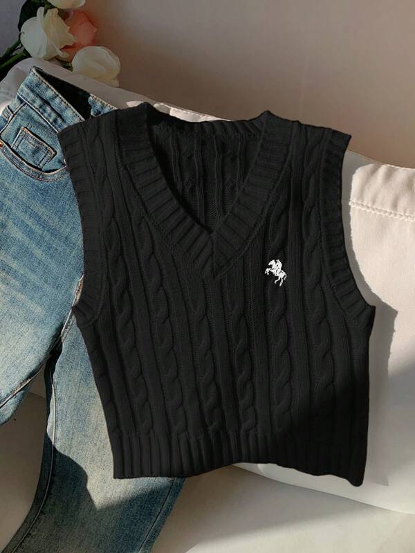 Comfortcana Chaleco de punto con cuello en V informal de mujer con bordado ecuestre