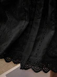 Franclia 女士纯色刺绣蕾丝边镂空休闲通勤衬衫学院风服装 - 黑色 - 查看 4