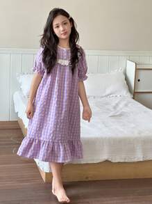 Dazy Kids 女童格子印花圆领无袖短款连衣裙，家居/睡衣，夏季 - 紫色 - 查看 1