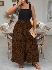 EMERY ROSE Dalmatian Print Wide Leg Belted Jumpsuit - Rust Brown - View 1