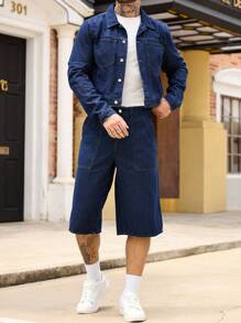 Manfinity Homme Men Long Sleeve Single Breasted Denim Jacket And 3/4 Pants Casual Jeans Denim Suit, Fall