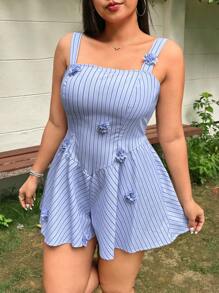 SHEIN EZwear Plus Size Casual Adjustable Strap Floral Embroidery Striped Jumpsuit, Suitable For Everyday, Going Out, Dates, Vacation - Multicolor - View 6