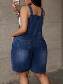 Dripcurv Plus Size Blue Denim Jumpsuit, Casual Fitted Bib Overall Shorts Valentine's Day Outfit