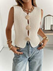 Siren Gaze 女士纯色贝壳形金属纽扣休闲百搭无袖毛衣背心，粗针缝线毛衣背心，适合秋季单穿，冬季叠穿毛衣上衣，贝壳形金属纽扣，毛绒质感保暖毛衣面料，修身短款廓形，圆领套头毛衣背心，简约时尚休闲日常通勤，针织上衣女，女式毛衣背心，女式针织背心，秋装 - 杏色 - 查看 4